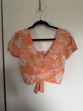 NYC Peach Orange Floral Tie-Front Crop Top